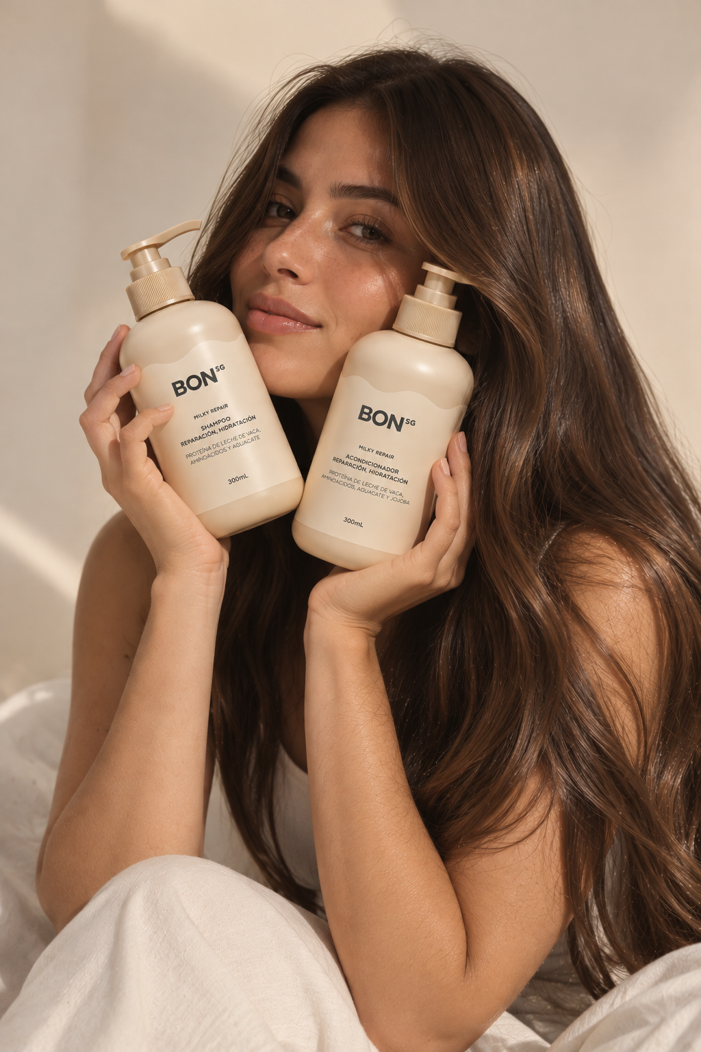 Modelo con el shampoo y el acondicionador Milky Repair