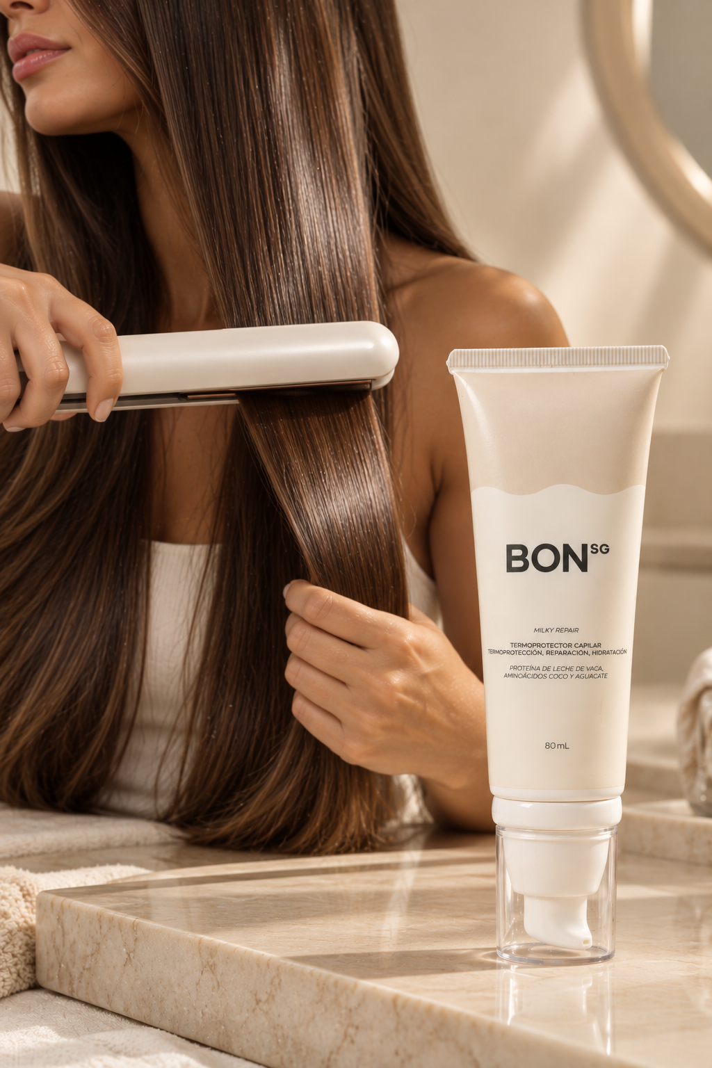 Modelo usando plancha con Termoprotector Milky Repair
